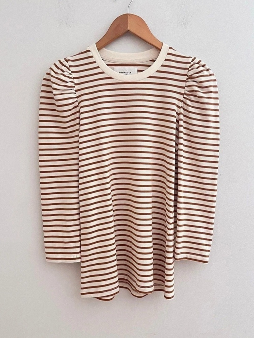 Pomander Place Striped Puff Sleeve Top White & Brown Size XS